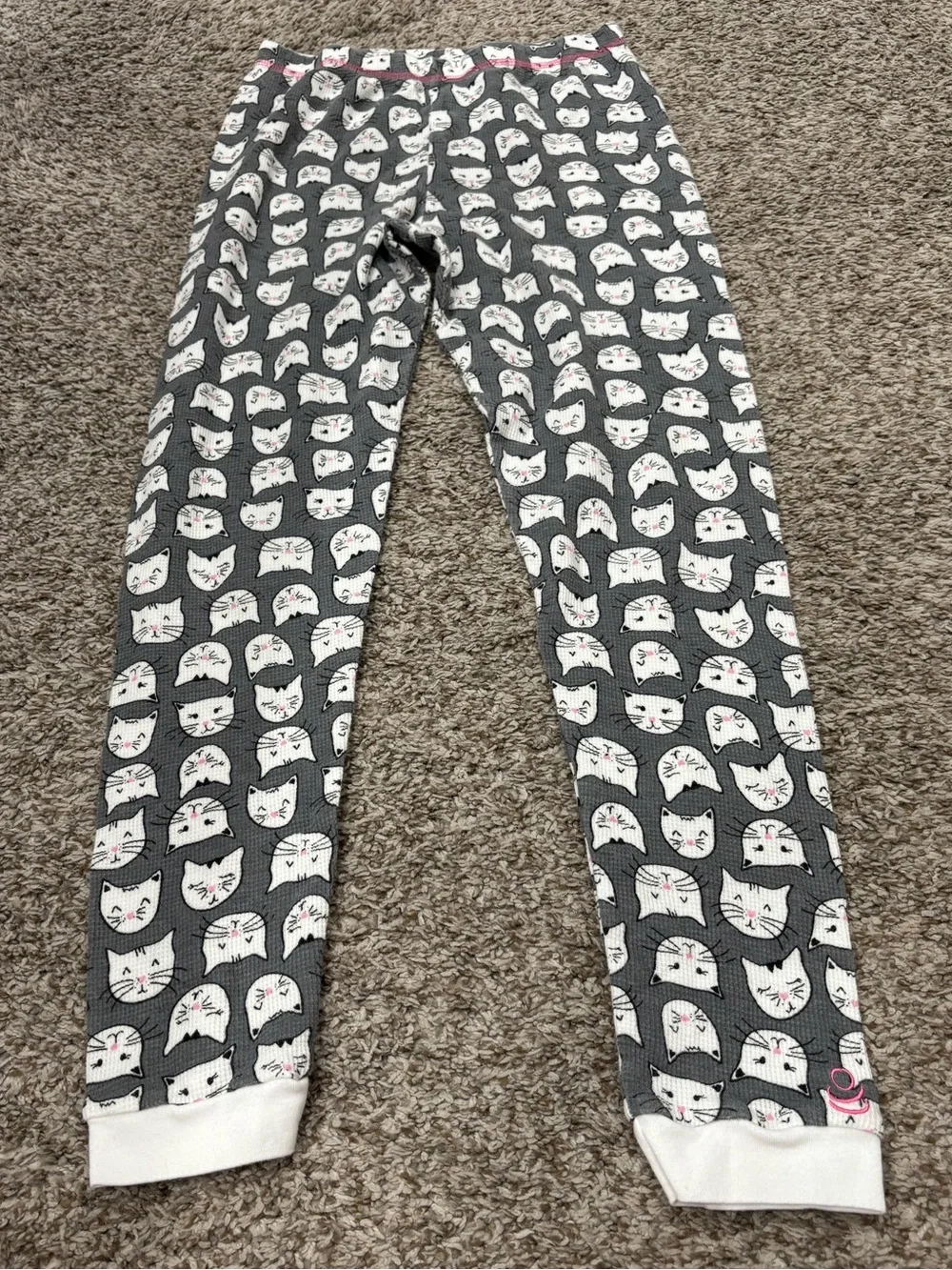 Girls Gray XL Cuddl Duds Long Thermal Underwear Cat Print Set with Pink Accents